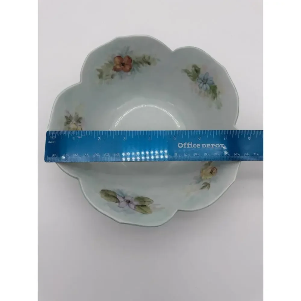 Vintage Hand Painted Floral Porcelain Scalloped Bowl Artist Signed 8 Inch